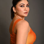 Orange Sleeveless Blouse In Raw Silk With Sweetheart Neckline Thick Strap With Back Hook Closure - Anvi Couture