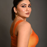 Orange Sleeveless Blouse In Raw Silk With Sweetheart Neckline Thick Strap With Back Hook Closure - Anvi Couture