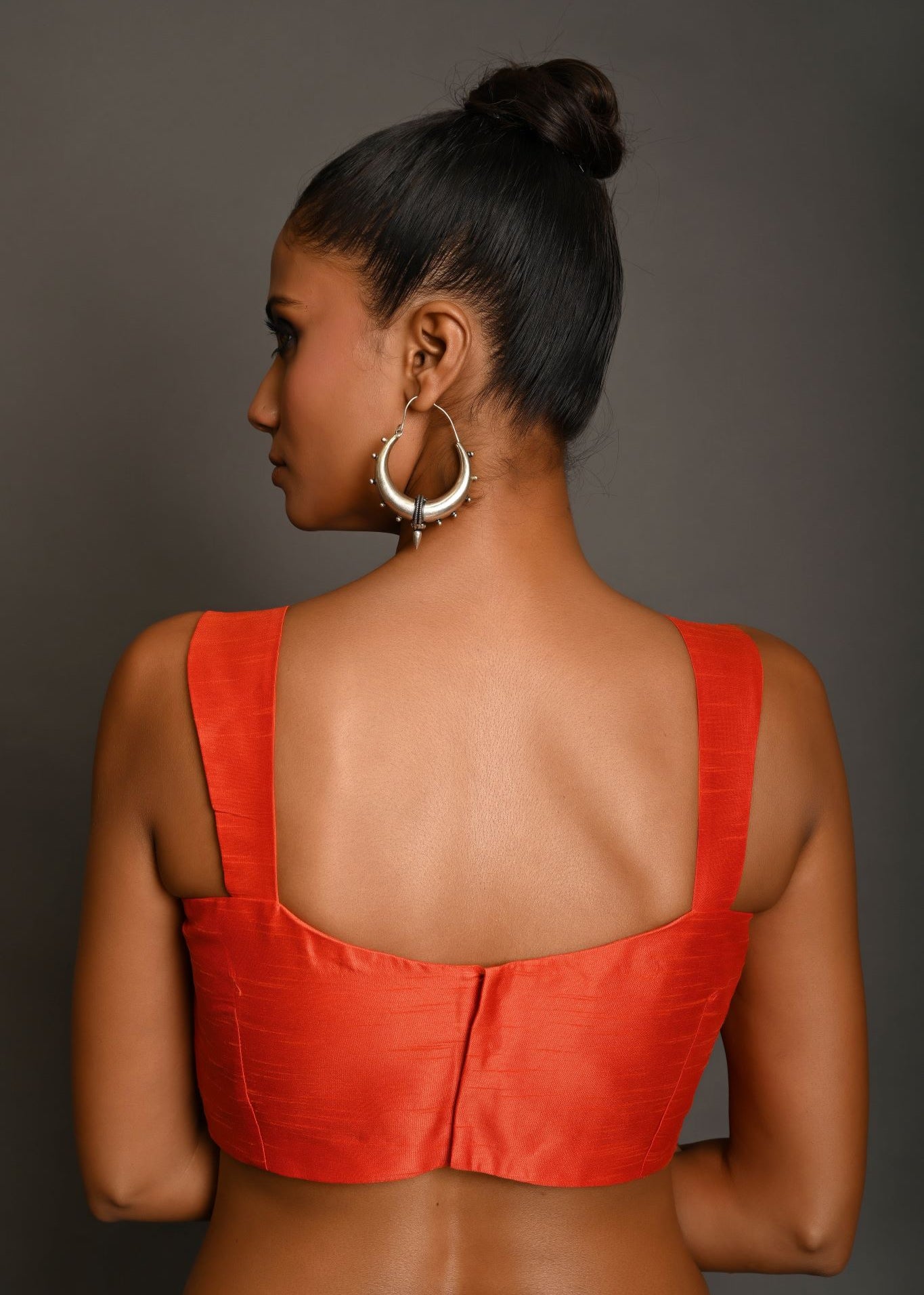 Burnt Orange Raw Silk Sleeveless Blouse with Sweetheart Neckline - Anvi Couture