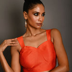 Burnt Orange Raw Silk Sleeveless Blouse with Sweetheart Neckline - Anvi Couture