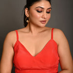 Bright Red Spaghetti Strap Crepe Silk Blouse with Sweetheart Neckline - Anvi Couture