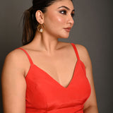 Bright Red Spaghetti Strap Crepe Silk Blouse with Sweetheart Neckline - Anvi Couture