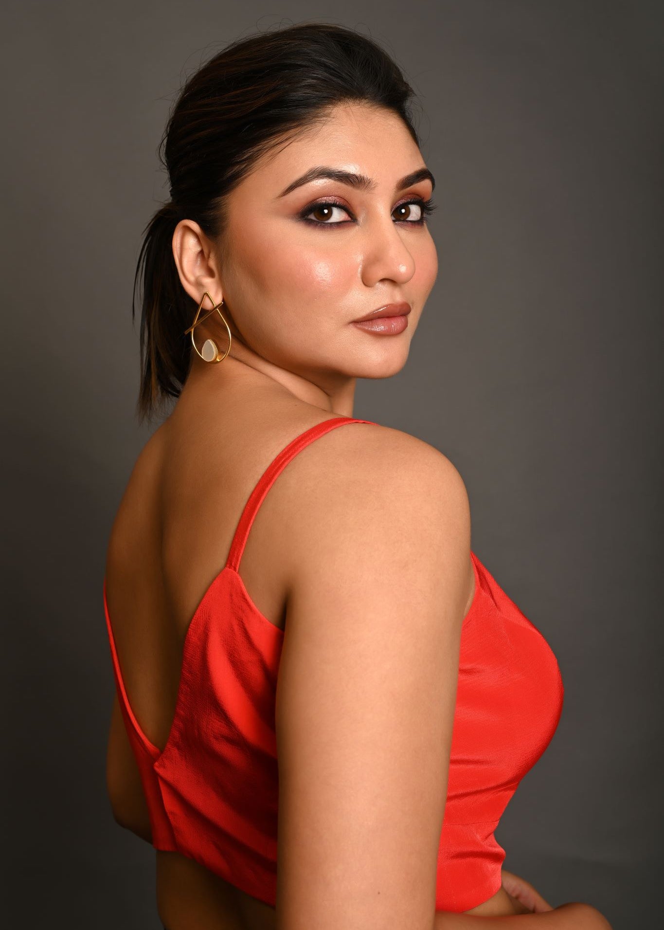 Bright Red Spaghetti Strap Crepe Silk Blouse with Sweetheart Neckline - Anvi Couture