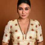 Cream White In Tissue Silk Plunging V-Neckline  Silk Blouse with Hand Embroidery Motif Work - Anvi Couture