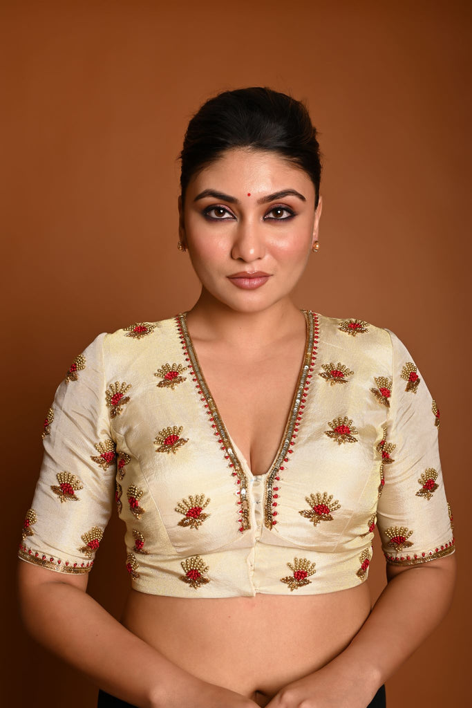 Cream White In Tissue Silk Plunging V-Neckline  Silk Blouse with Hand Embroidery Motif Work.