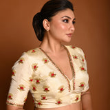 Cream White In Tissue Silk Plunging V-Neckline  Silk Blouse with Hand Embroidery Motif Work - Anvi Couture