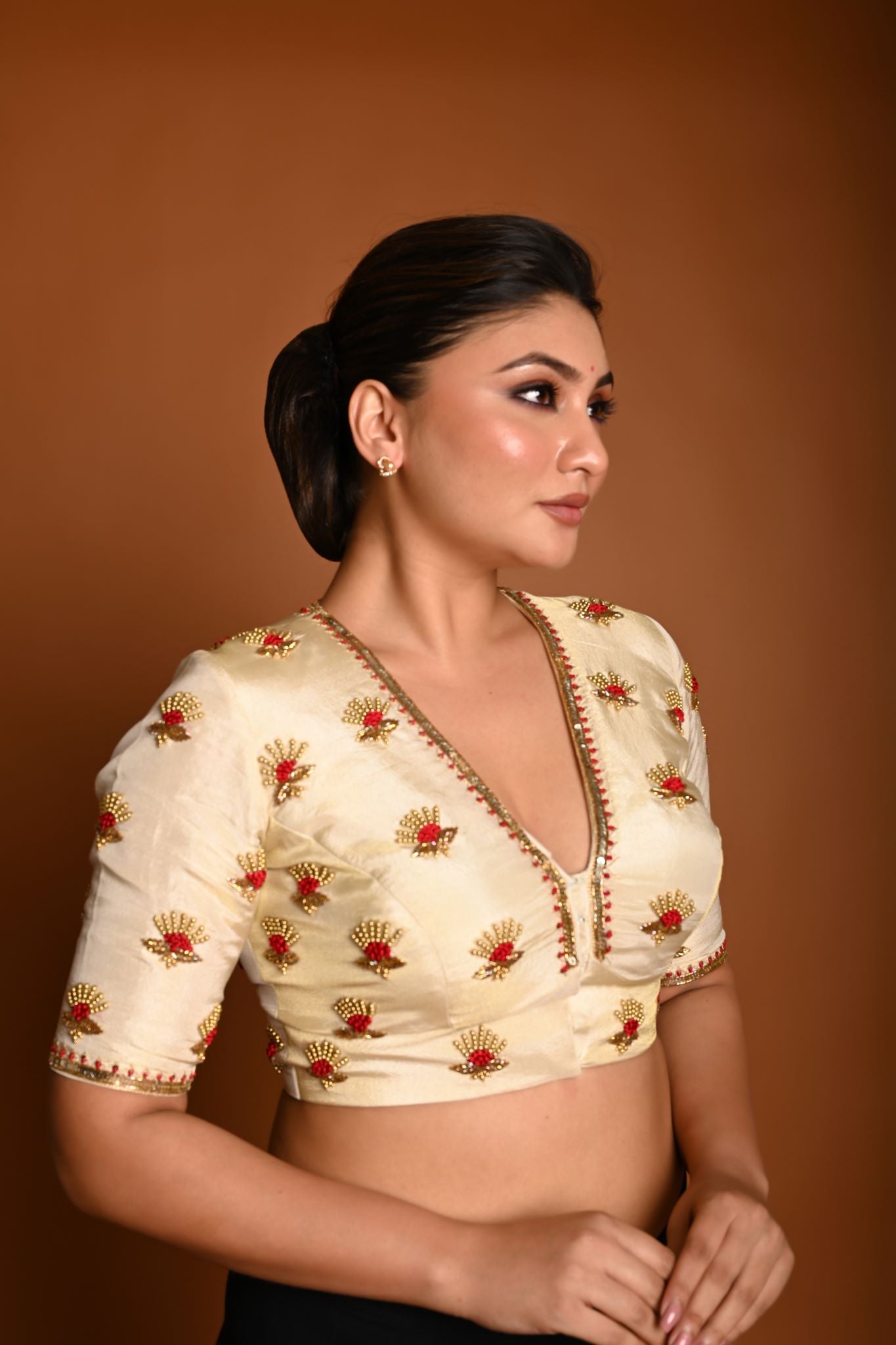 Cream White In Tissue Silk Plunging V-Neckline  Silk Blouse with Hand Embroidery Motif Work - Anvi Couture