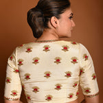 Cream White In Tissue Silk Plunging V-Neckline  Silk Blouse with Hand Embroidery Motif Work - Anvi Couture