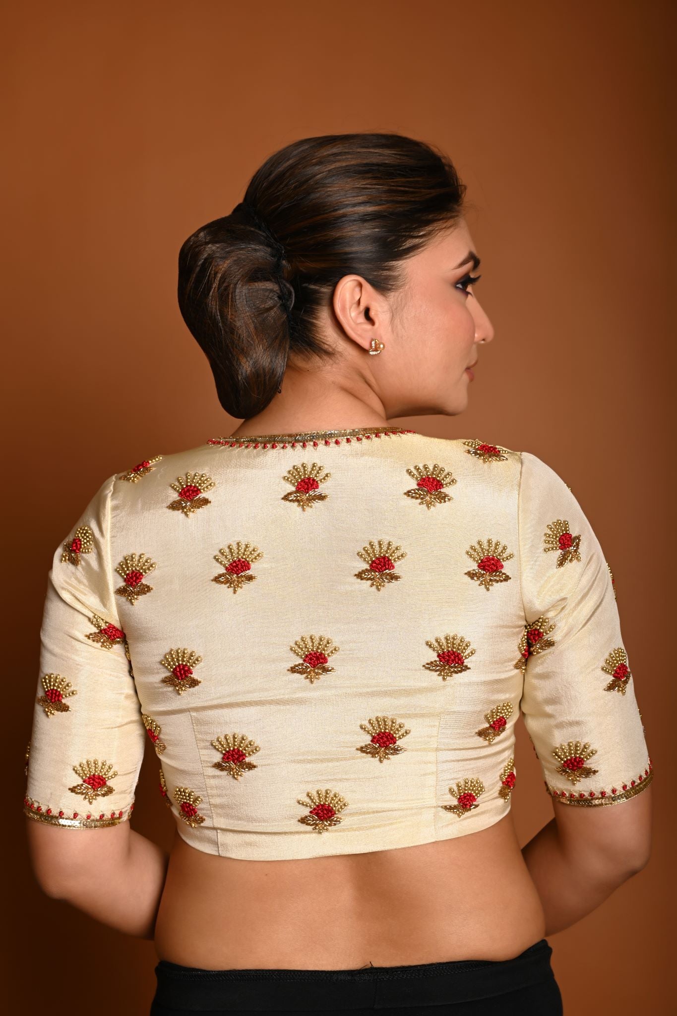 Cream White In Tissue Silk Plunging V-Neckline  Silk Blouse with Hand Embroidery Motif Work - Anvi Couture