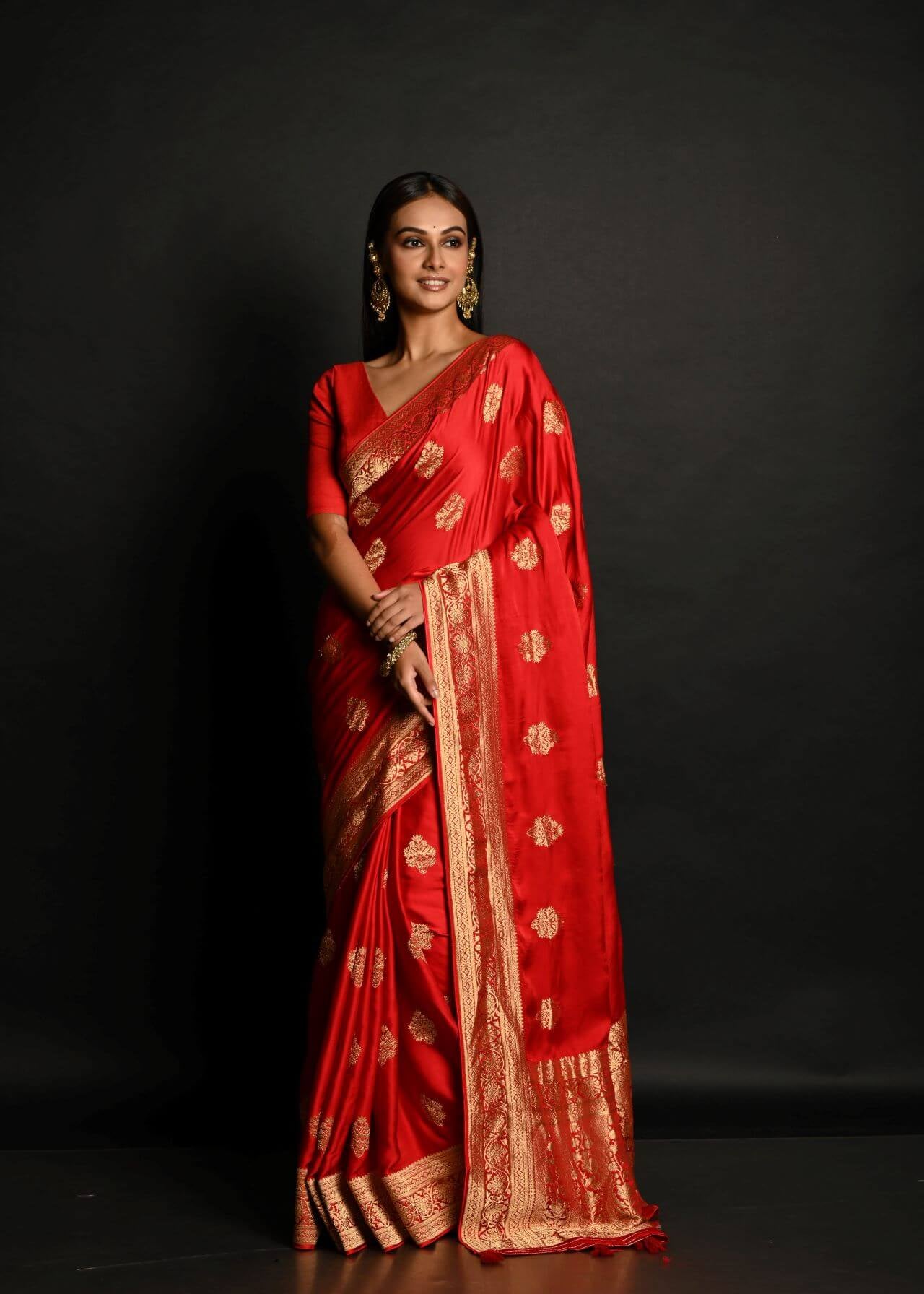 Red and Gold Pure Satin Silk Banarasi Saree with Real Zari Work – Handwoven Luxury"