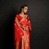 Elegant Red Banarasi Saree with Gold Zari – Handwoven Silk Saree| Indian Traditional Sarees Online