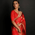 Traditional Red Satin Silk Banarasi Saree with Gold Zari for Special Occasions| Wedding, Reception, Party wear, Festive wear