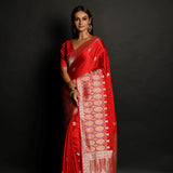 Traditional Red Banarasi Silk Saree with Silver Zari Work - Anvi Couture