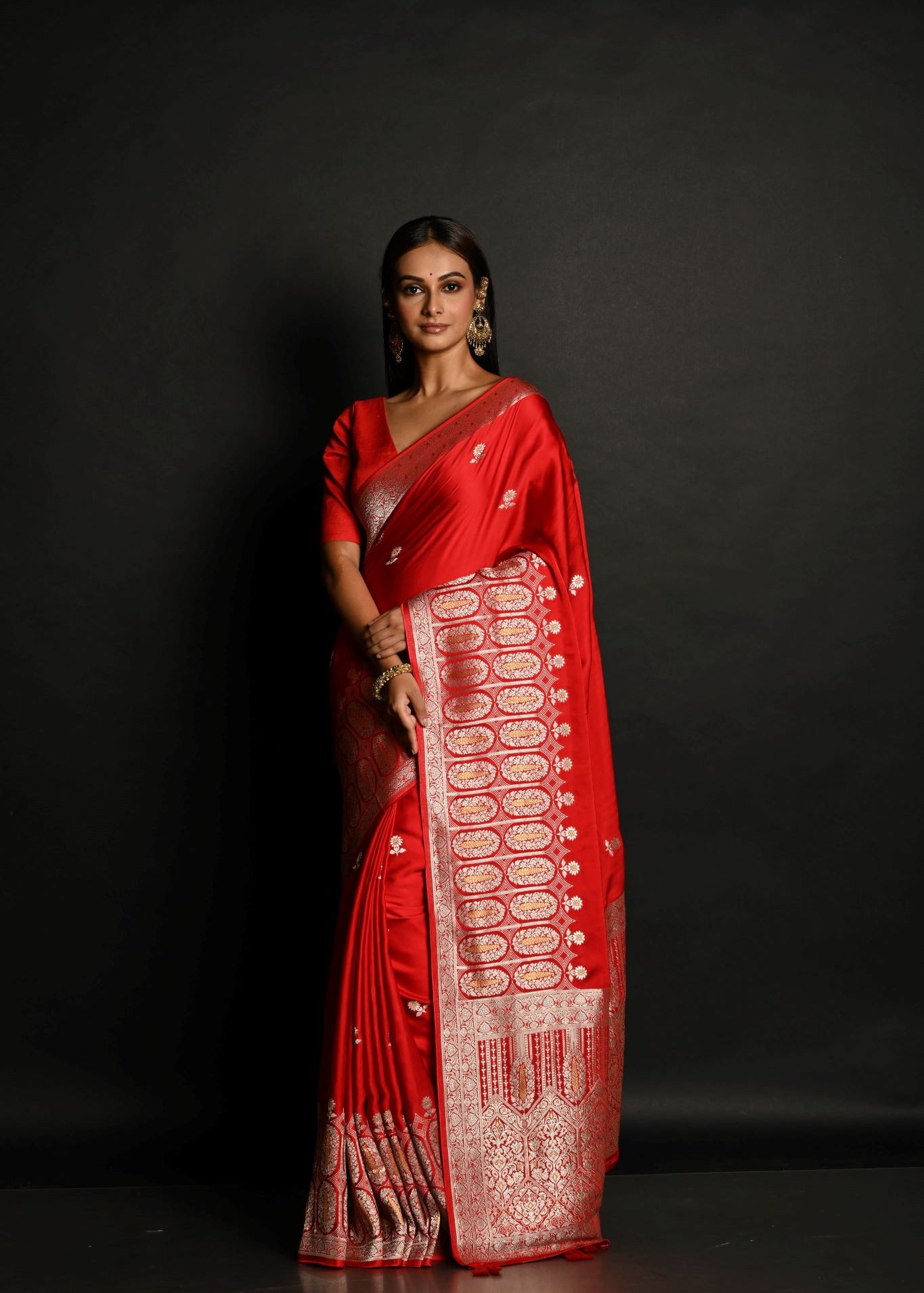 Traditional Red Banarasi Silk Saree with Silver Zari Work - Anvi Couture