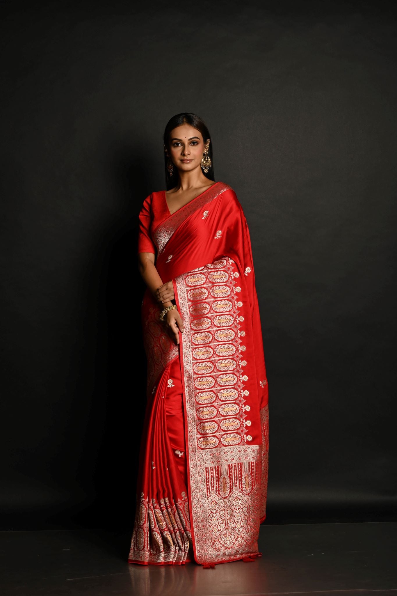 Traditional Red Banarasi Silk Saree with Silver Zari Work - Anvi Couture