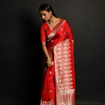 Traditional Red Banarasi Silk Saree with Silver Zari Work - Anvi Couture