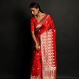 Traditional Red Banarasi Silk Saree with Silver Zari Work - Anvi Couture