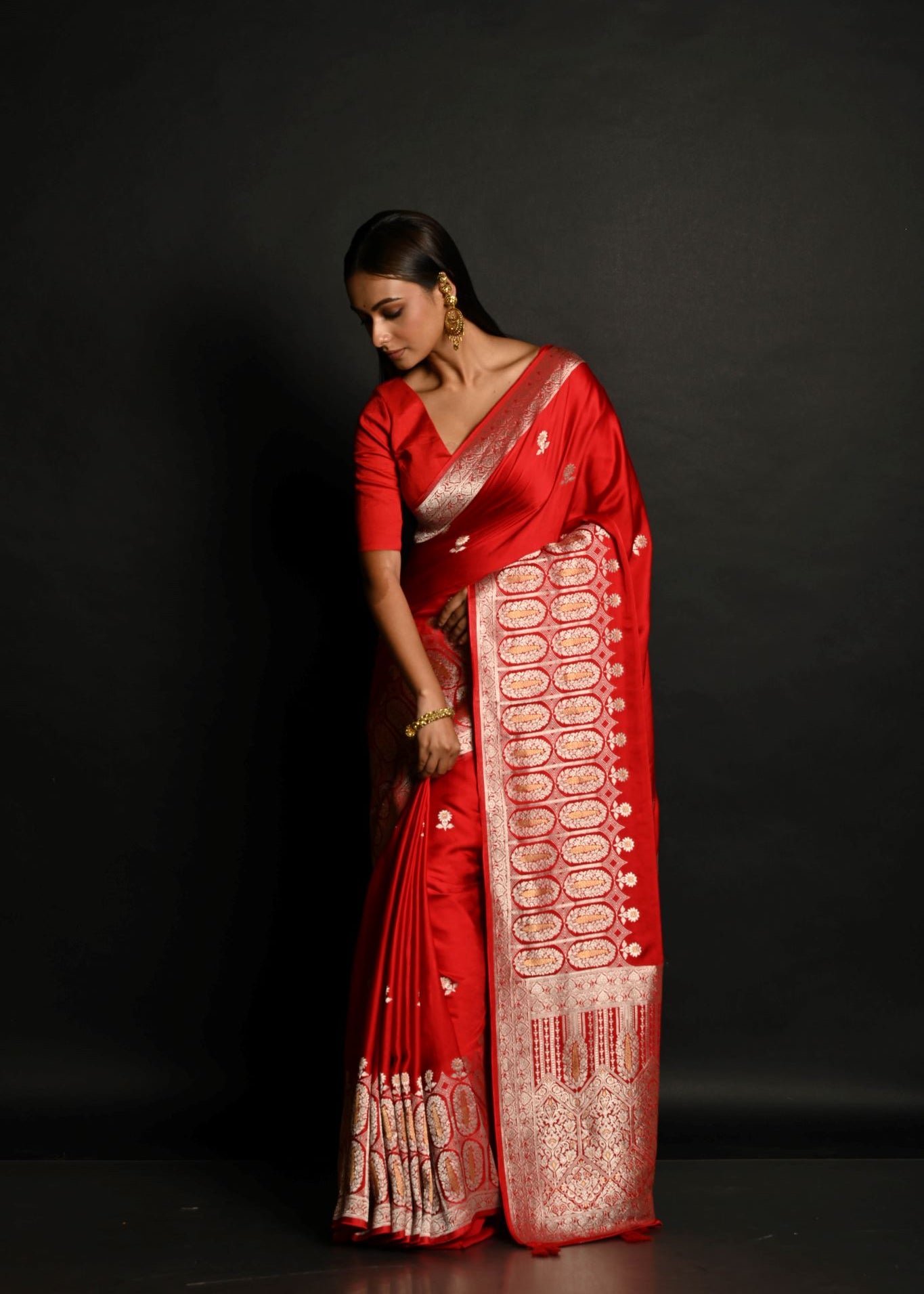 Traditional Red Banarasi Silk Saree with Silver Zari Work - Anvi Couture