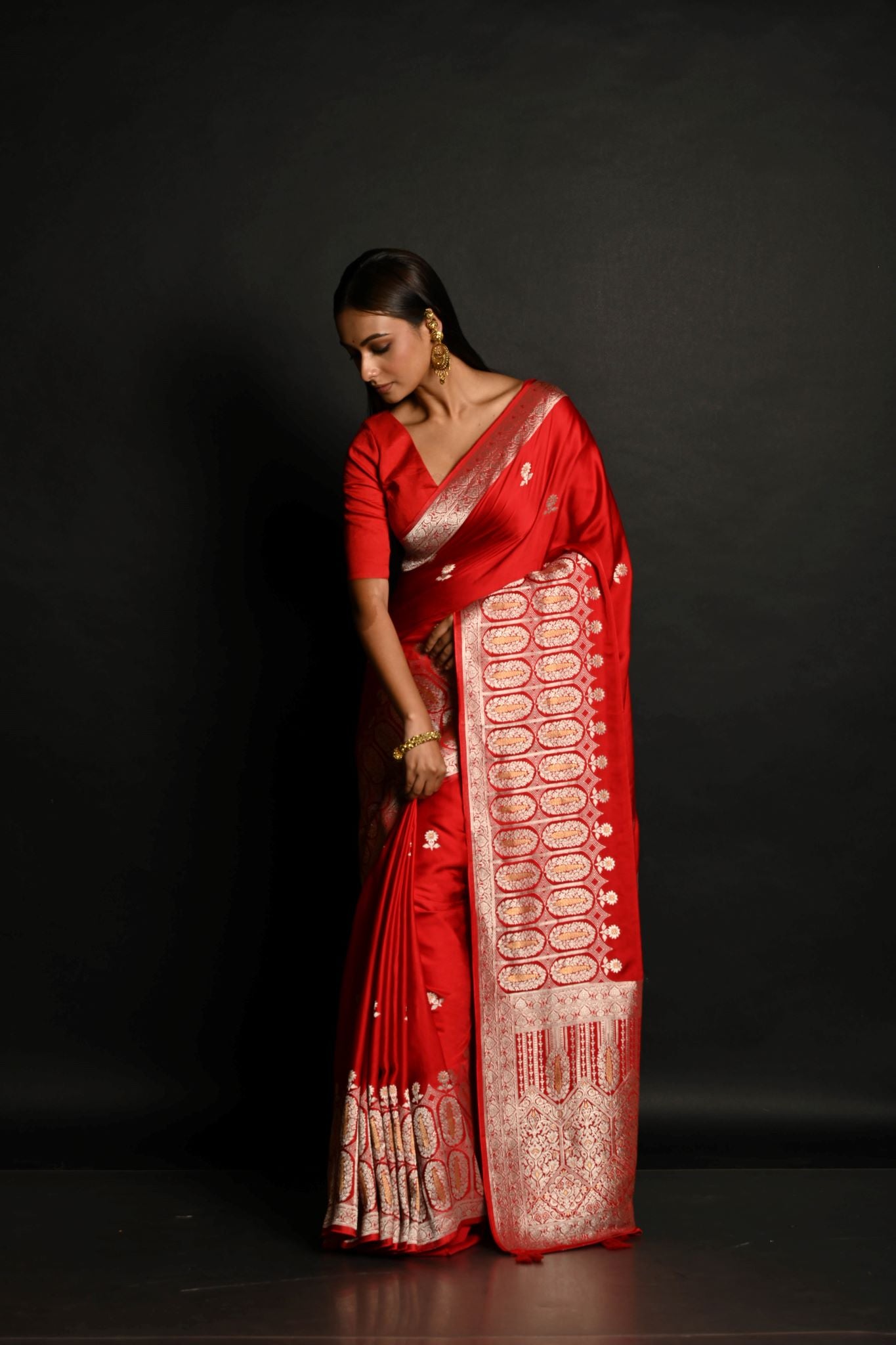 Traditional Red Banarasi Silk Saree with Silver Zari Work - Anvi Couture