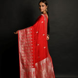 Traditional Red Banarasi Silk Saree with Silver Zari Work - Anvi Couture