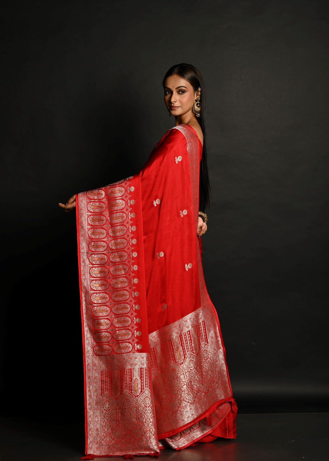 Traditional Red Banarasi Silk Saree with Silver Zari Work - Anvi Couture