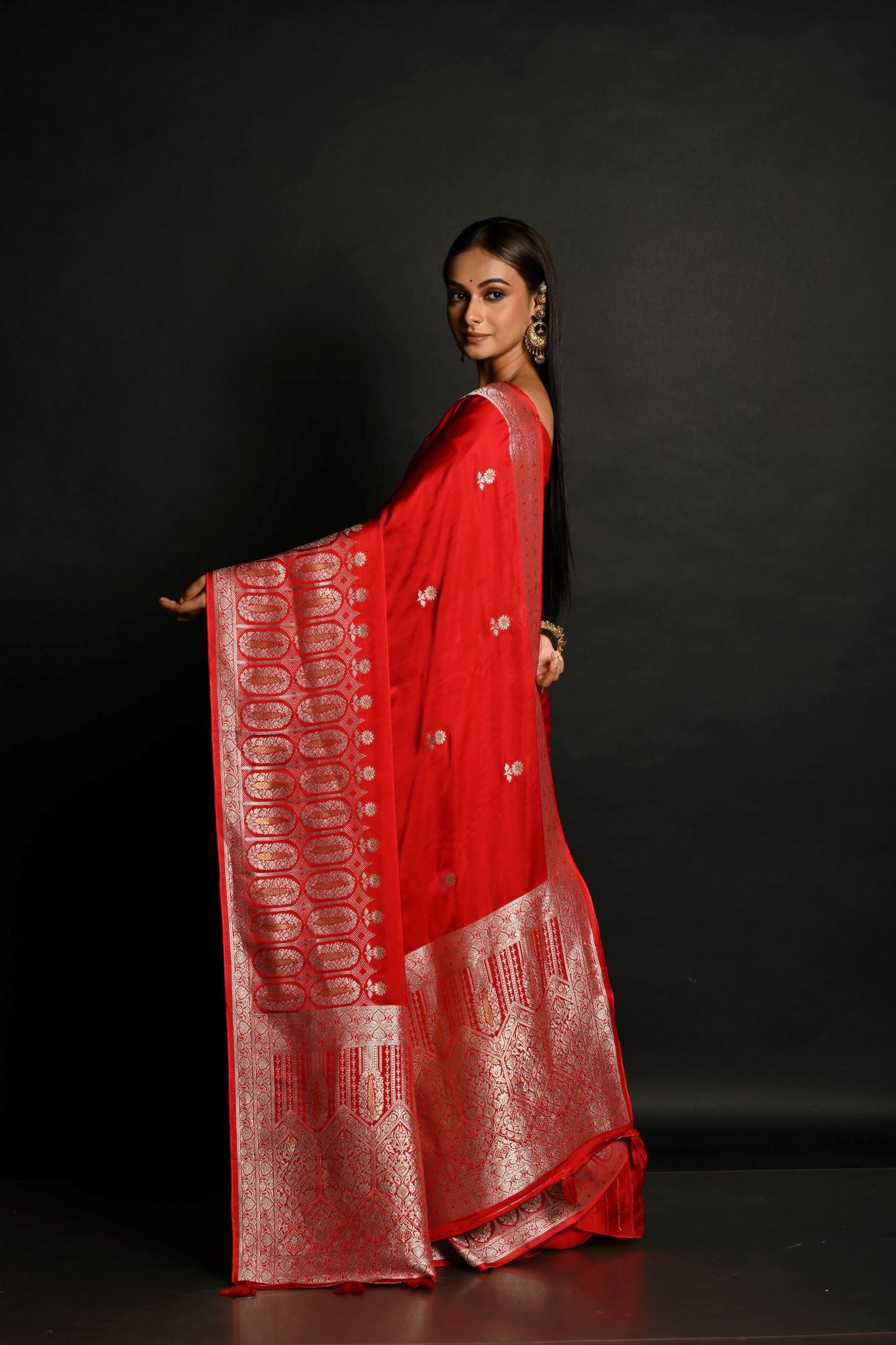 Traditional Red Banarasi Silk Saree with Silver Zari Work - Anvi Couture