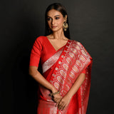 Traditional Red Banarasi Silk Saree with Silver Zari Work - Anvi Couture