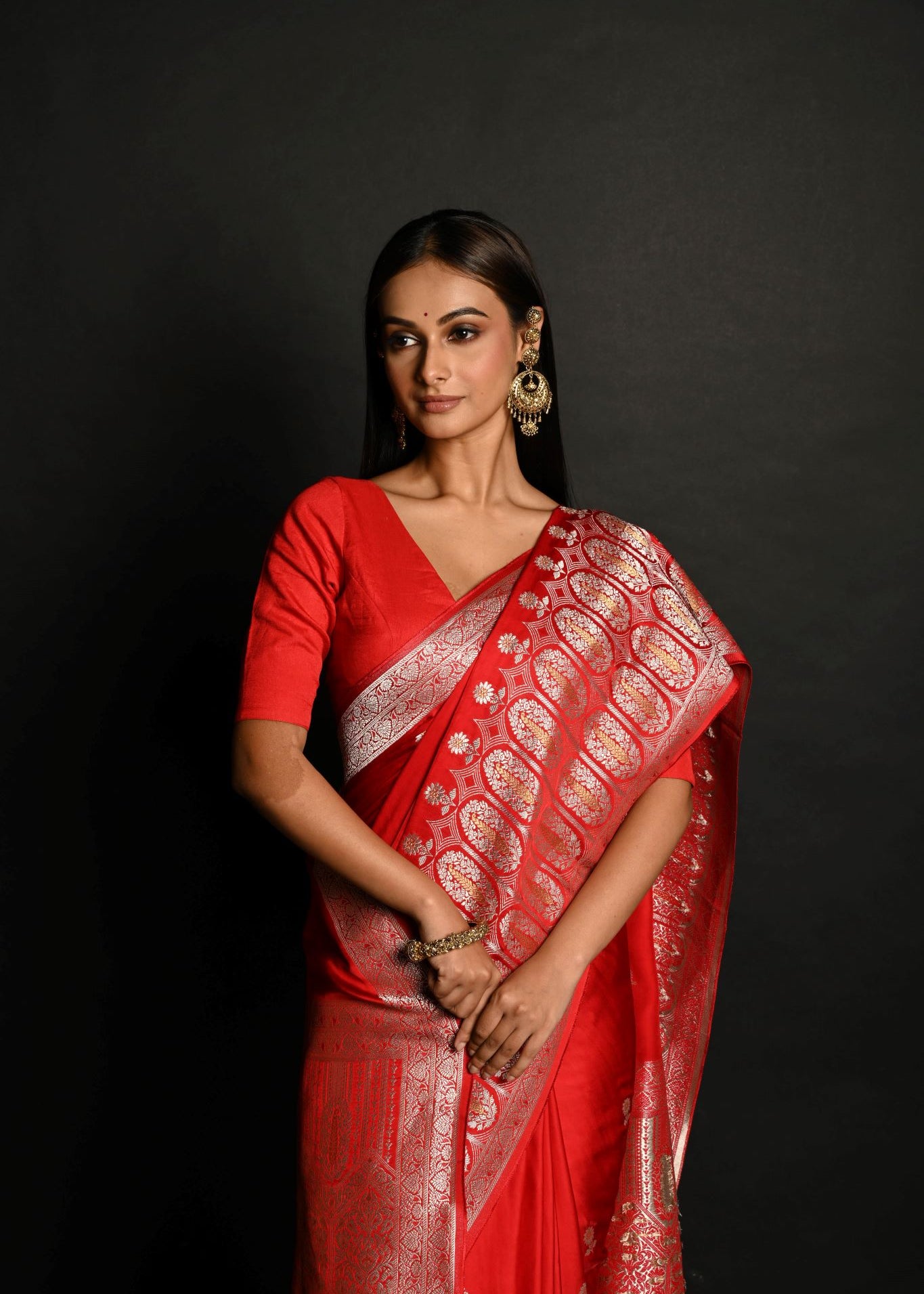 Traditional Red Banarasi Silk Saree with Silver Zari Work - Anvi Couture