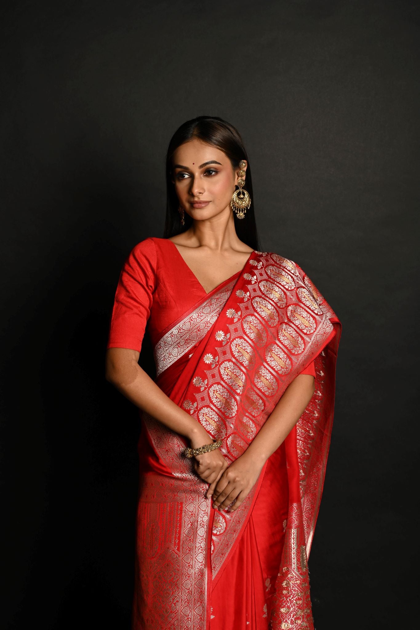 Traditional Red Banarasi Silk Saree with Silver Zari Work - Anvi Couture