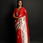 Red Handloom Pure Satin Silk Banarasi Saree With Rupa Zari Border - Anvi Couture