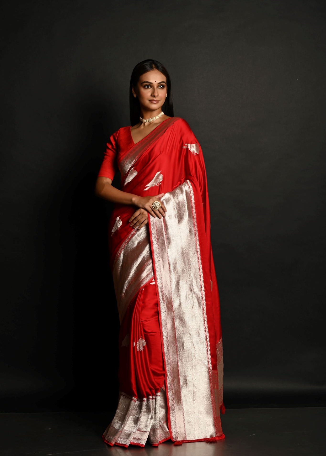 Red Handloom Pure Satin Silk Banarasi Saree With Rupa Zari Border - Anvi Couture