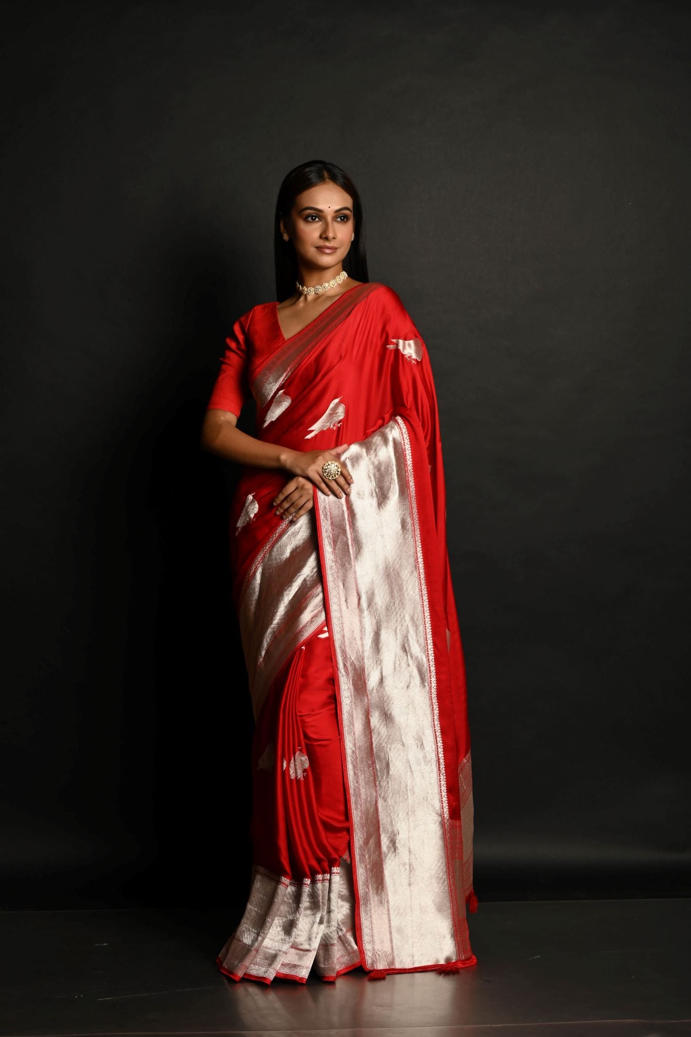 Red Handloom Pure Satin Silk Banarasi Saree With Rupa Zari Border - Anvi Couture