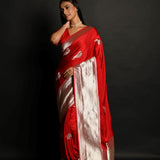 Red Handloom Pure Satin Silk Banarasi Saree With Rupa Zari Border - Anvi Couture