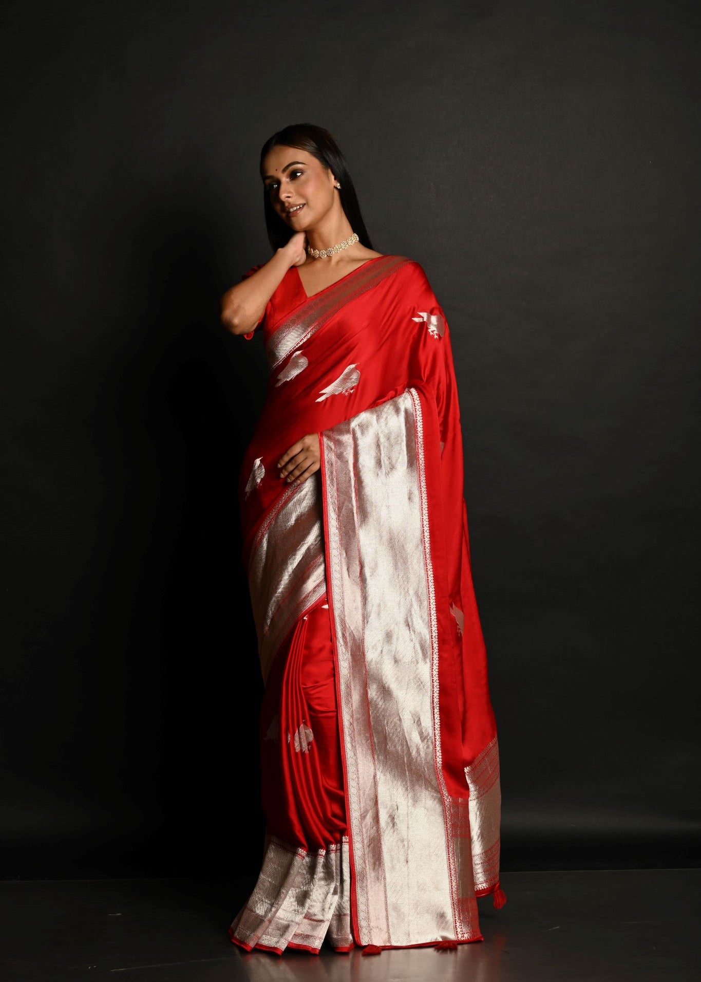 Red Handloom Pure Satin Silk Banarasi Saree With Rupa Zari Border - Anvi Couture