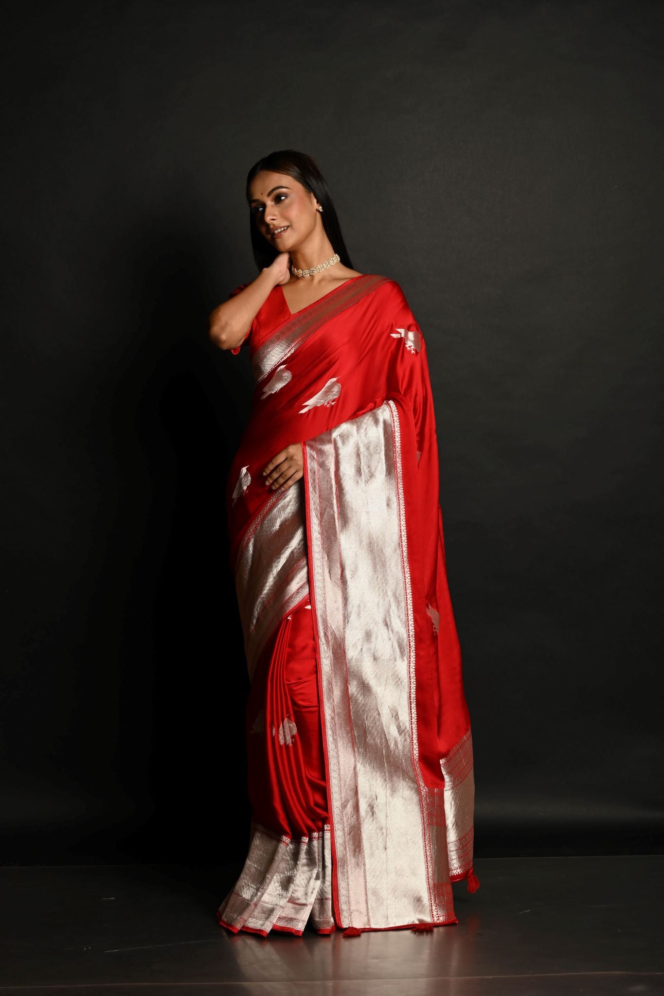 Red Handloom Pure Satin Silk Banarasi Saree With Rupa Zari Border - Anvi Couture