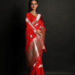 Red Handloom Pure Satin Silk Banarasi Saree With Rupa Zari Border - Anvi Couture