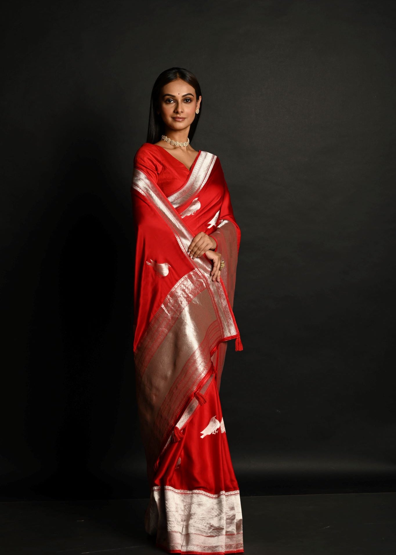 Red Handloom Pure Satin Silk Banarasi Saree With Rupa Zari Border - Anvi Couture