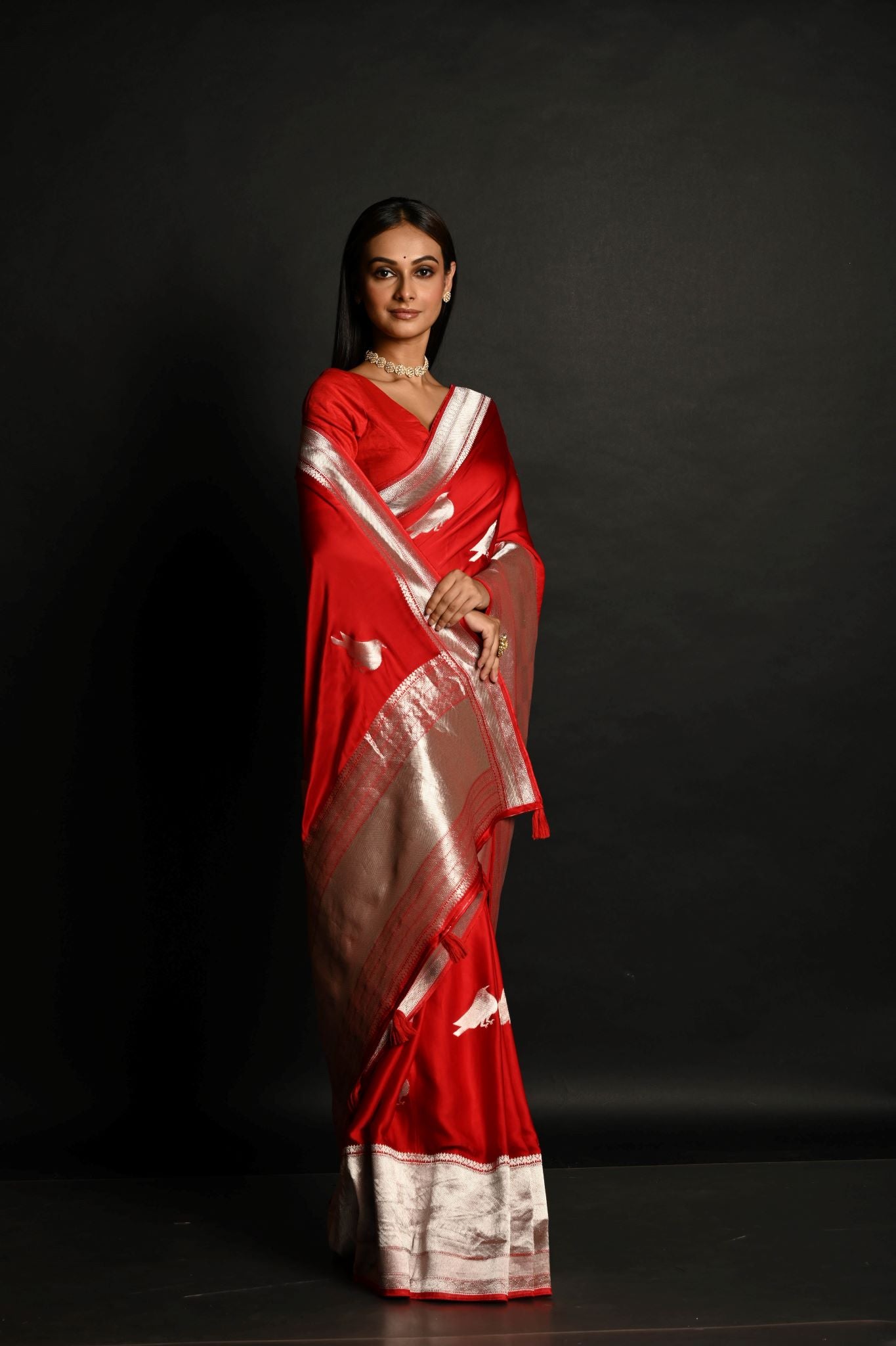 Red Handloom Pure Satin Silk Banarasi Saree With Rupa Zari Border - Anvi Couture