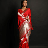 Red Handloom Pure Satin Silk Banarasi Saree With Rupa Zari Border - Anvi Couture