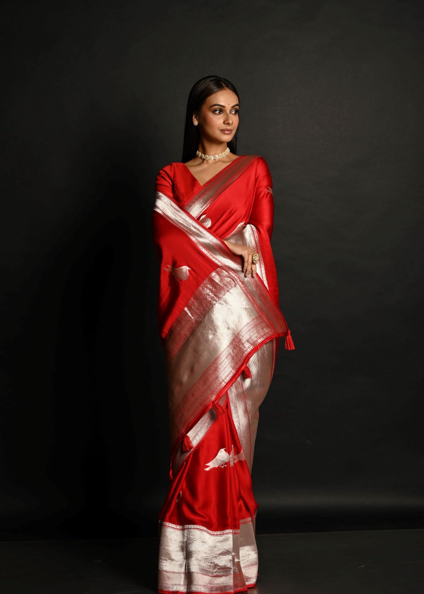 Red Handloom Pure Satin Silk Banarasi Saree With Rupa Zari Border - Anvi Couture