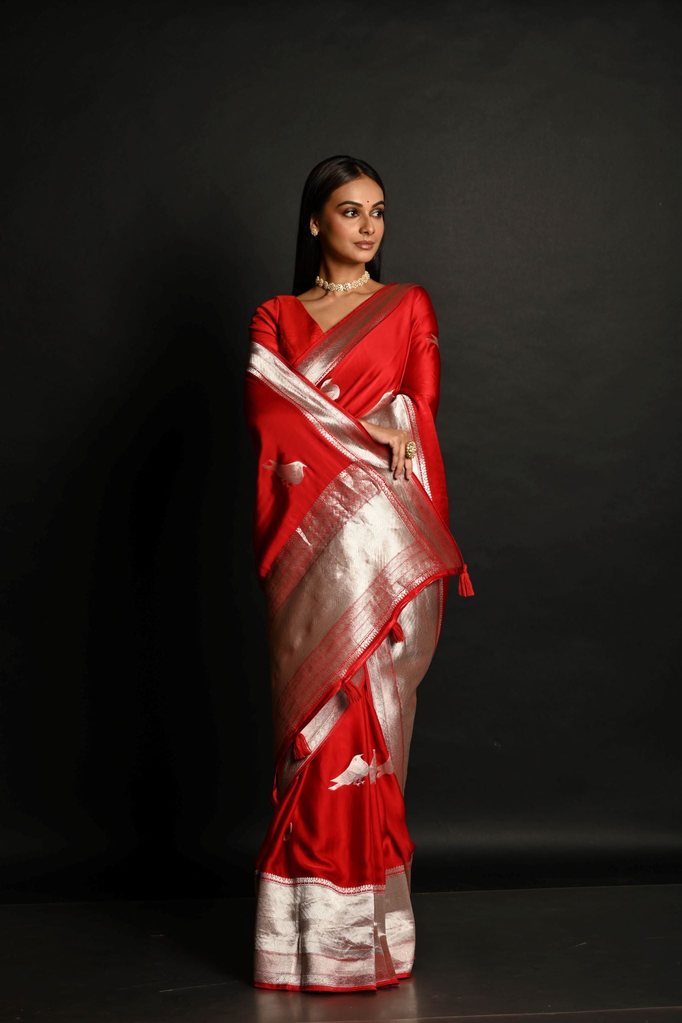 Red Handloom Pure Satin Silk Banarasi Saree With Rupa Zari Border - Anvi Couture