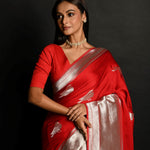 Red Handloom Pure Satin Silk Banarasi Saree With Rupa Zari Border - Anvi Couture