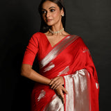 Red Handloom Pure Satin Silk Banarasi Saree With Rupa Zari Border - Anvi Couture