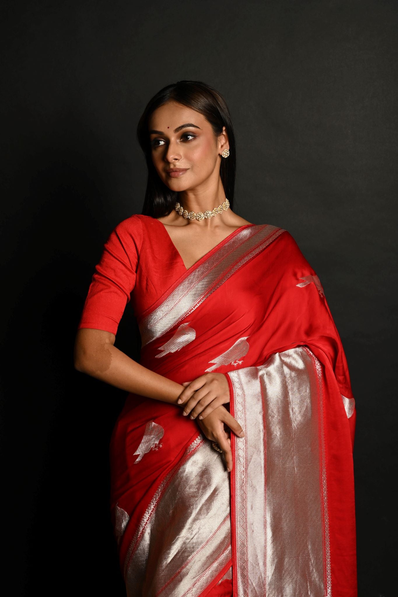 Red Handloom Pure Satin Silk Banarasi Saree With Rupa Zari Border - Anvi Couture