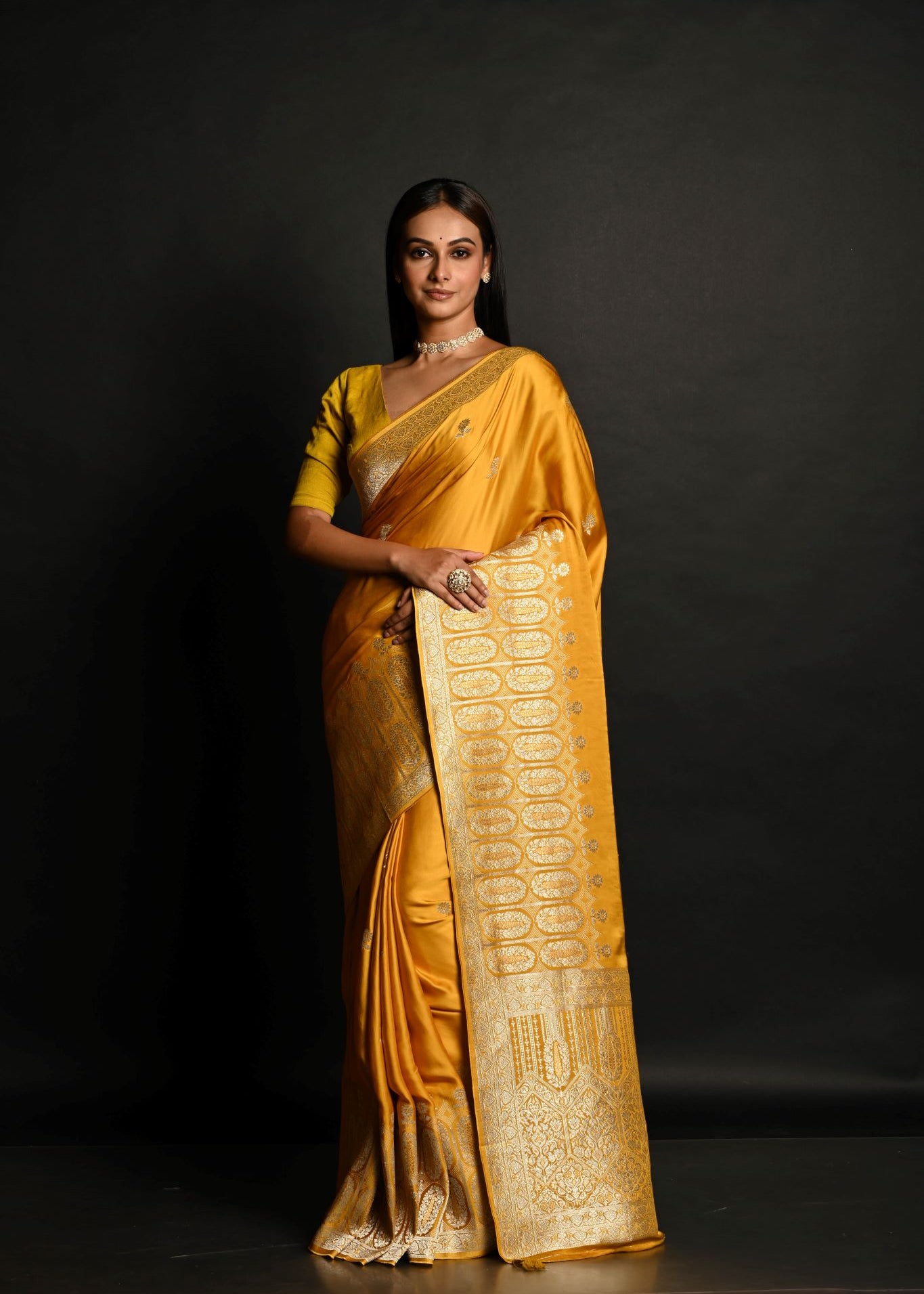 Yellow Pure Banarasi Satin Silk Handloom Saree - Anvi Couture