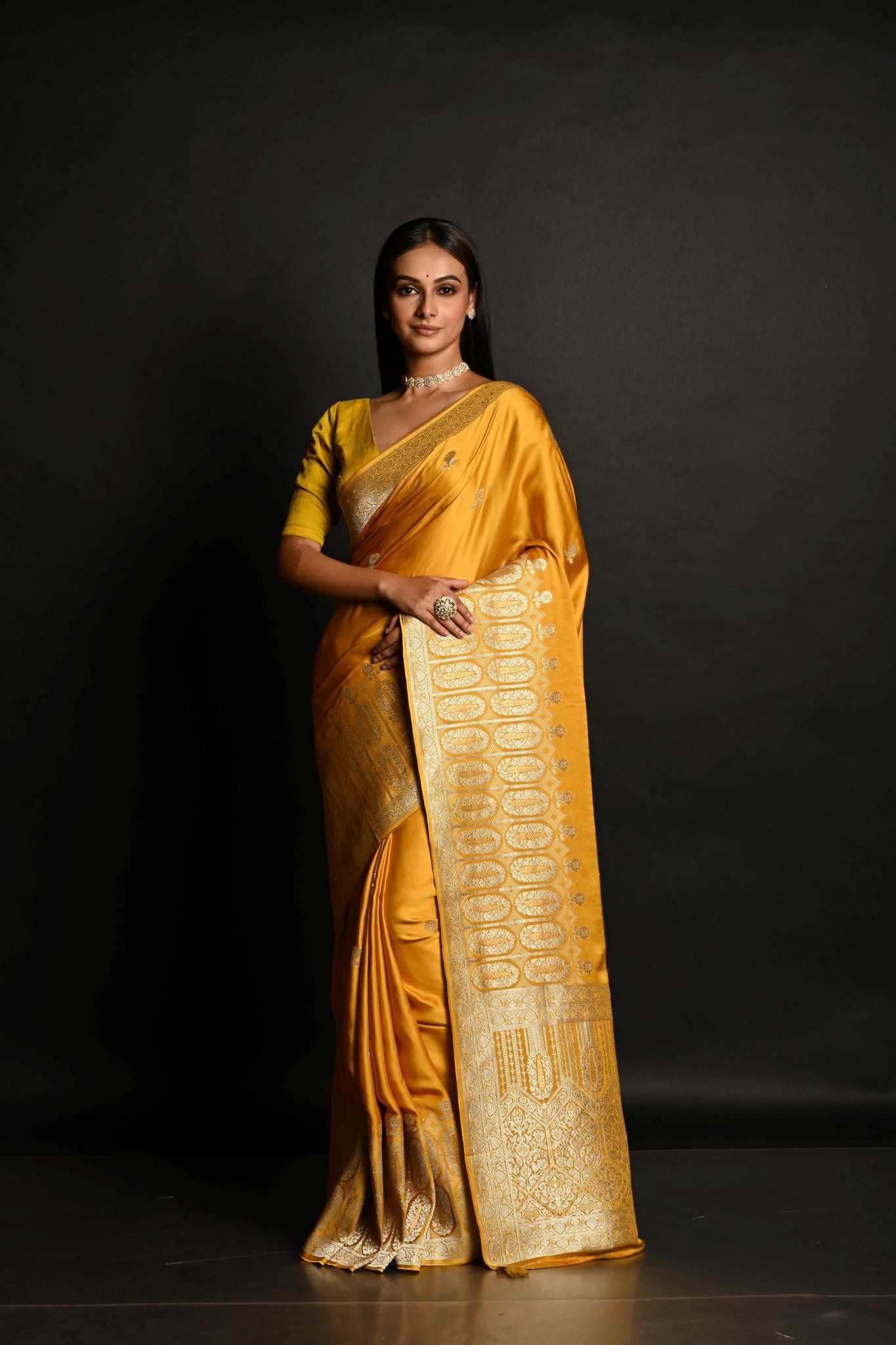 Yellow Pure Banarasi Satin Silk Handloom Saree - Anvi Couture