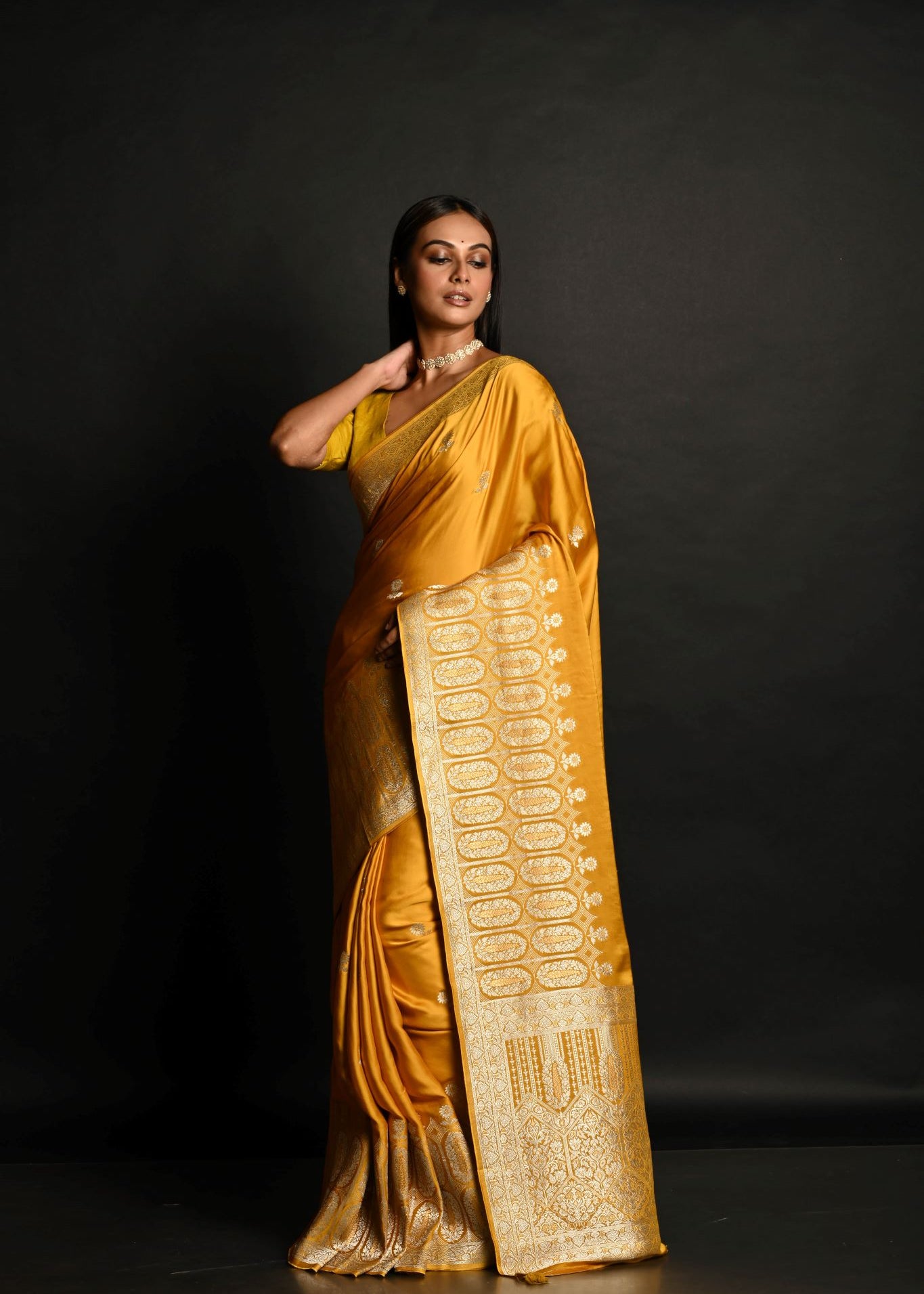 Yellow Pure Banarasi Satin Silk Handloom Saree - Anvi Couture