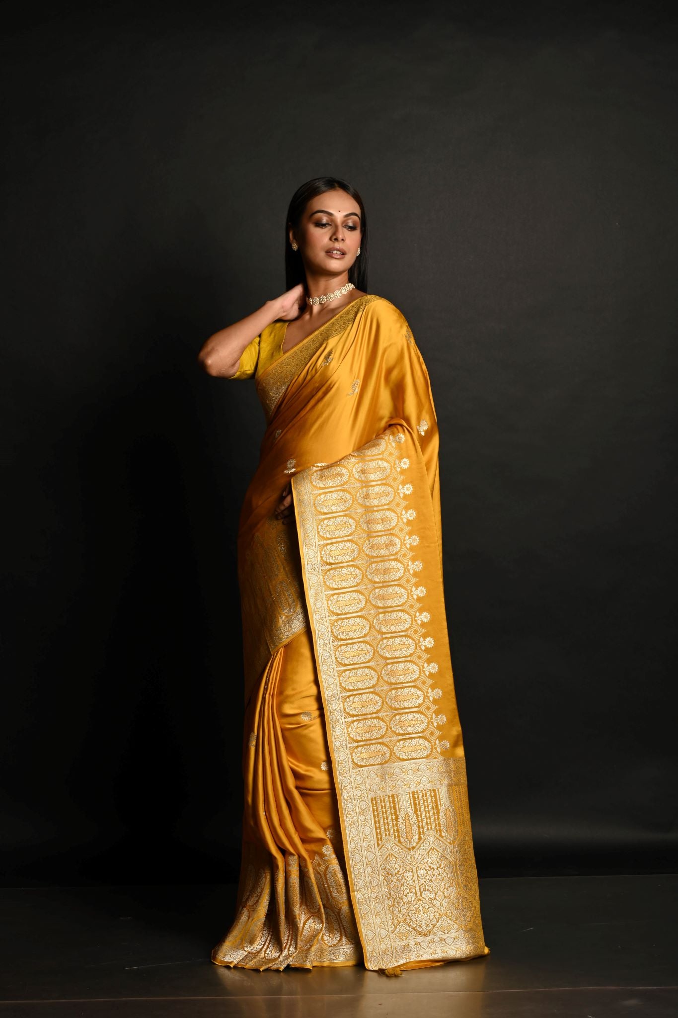 Yellow Pure Banarasi Satin Silk Handloom Saree - Anvi Couture