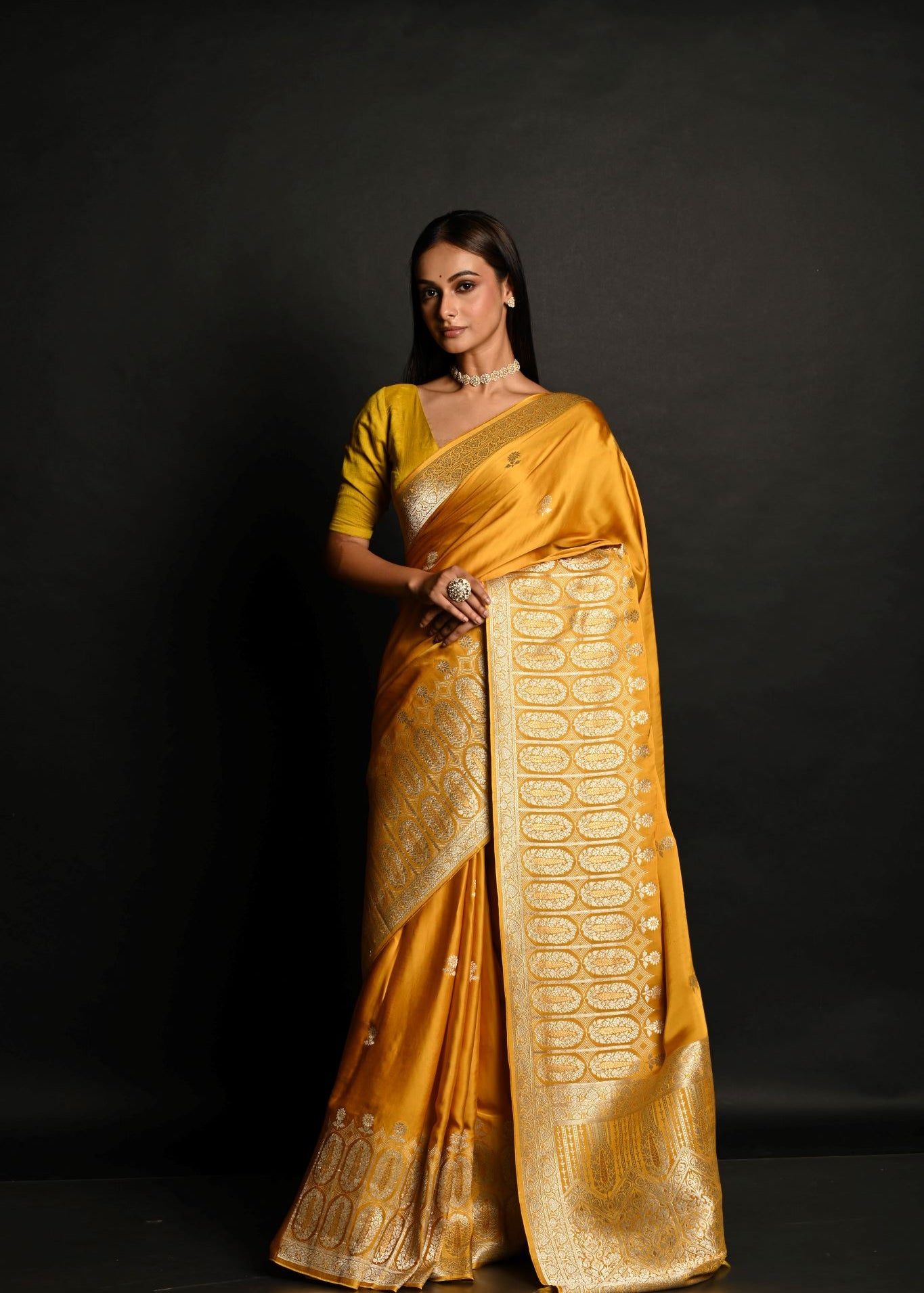 Yellow Pure Banarasi Satin Silk Handloom Saree - Anvi Couture
