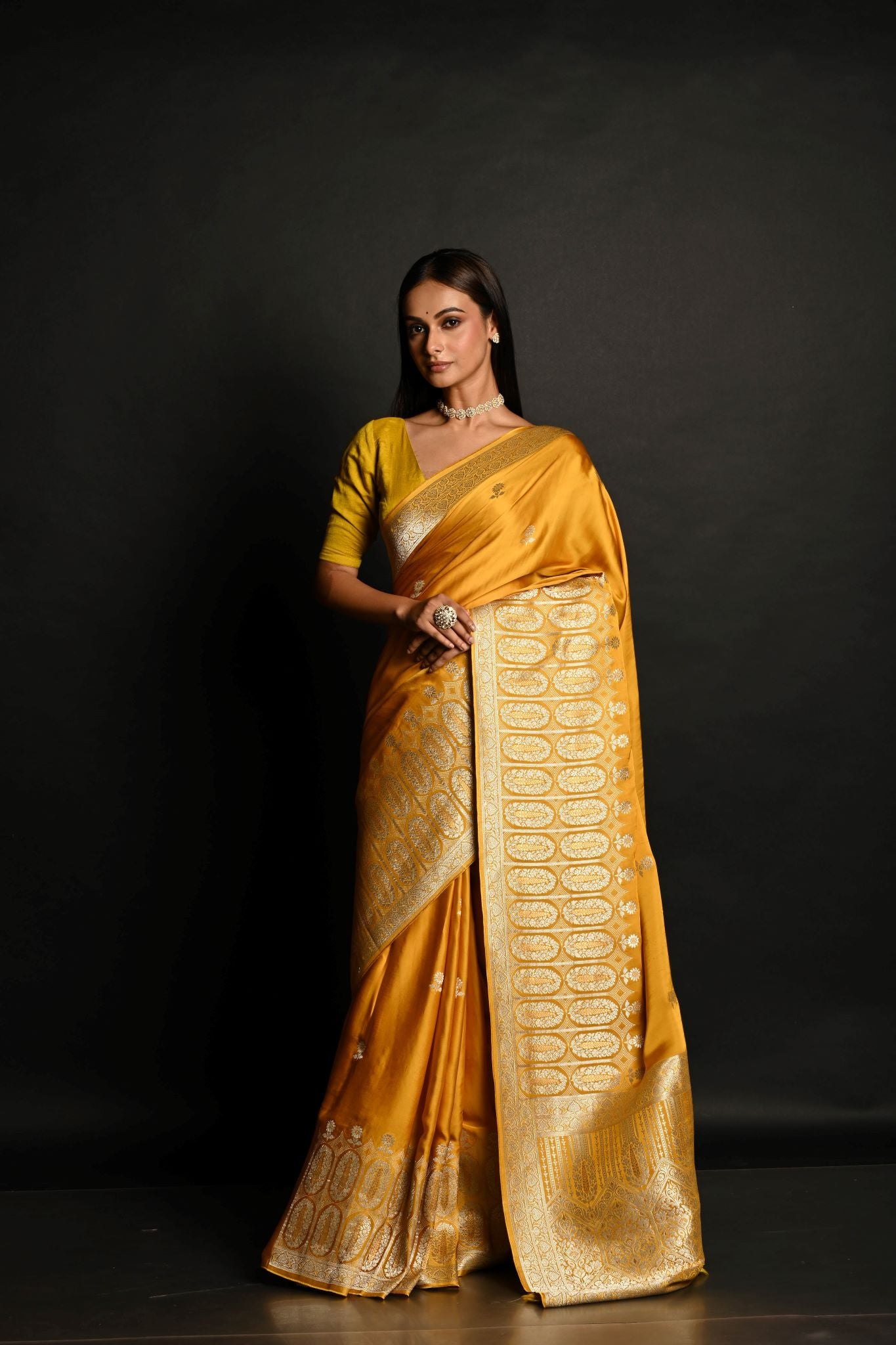 Yellow Pure Banarasi Satin Silk Handloom Saree - Anvi Couture